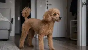 chien caniche marron clair inquiet dans un appartement