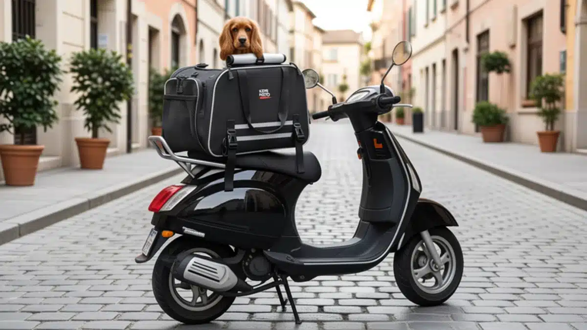 cocker dans un sac de transport sur scooter