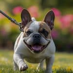 bouledogue français blanc et feu tire sur sa laisse