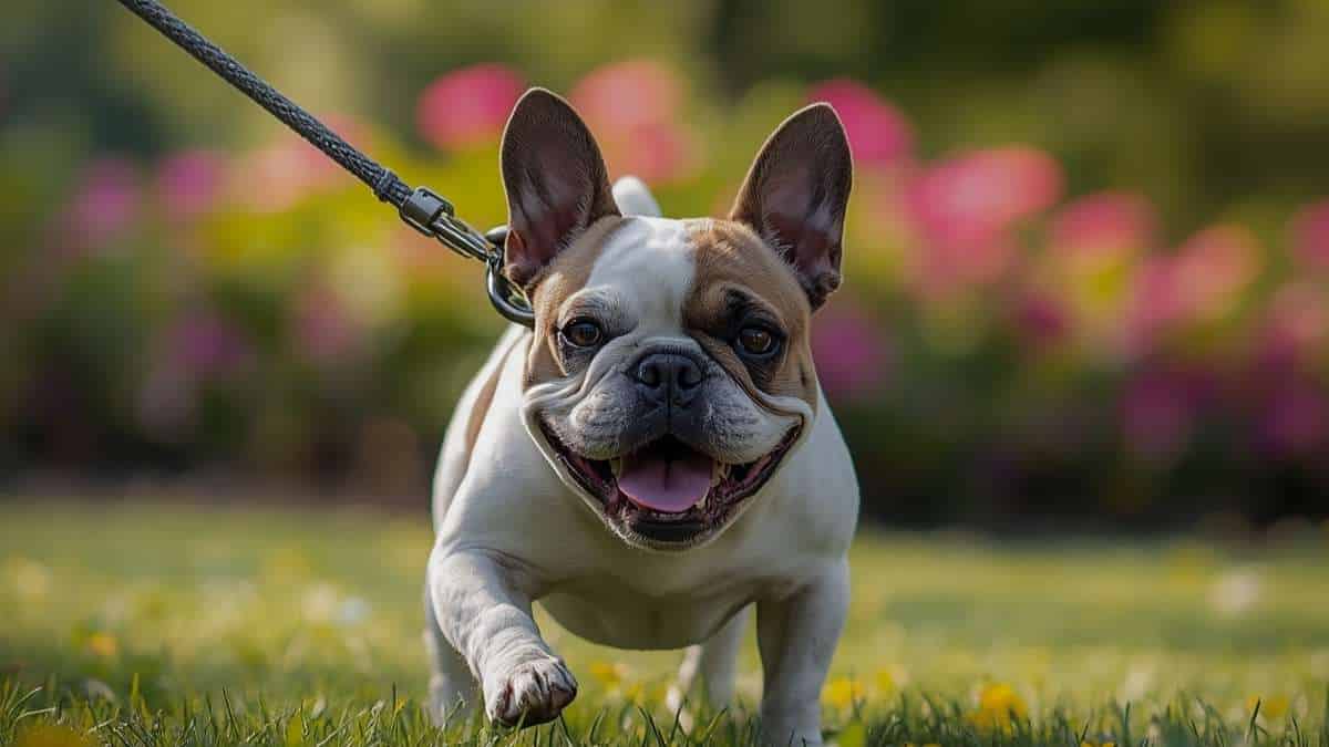 bouledogue français blanc et feu tire sur sa laisse