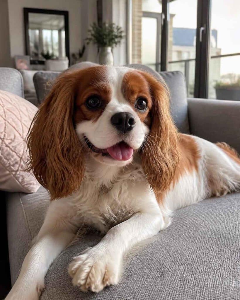 cavalier king charles marron et blanc couché sur un canapé avec une fenetre en arriere plan