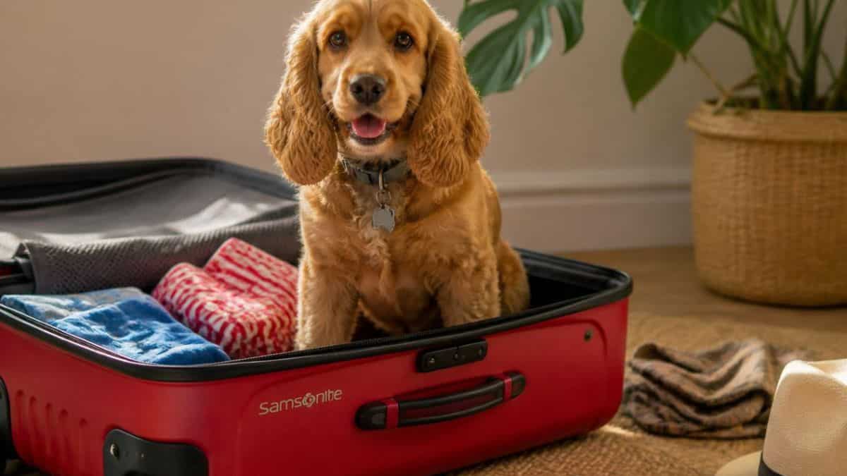 chien cocker assis dans une valise